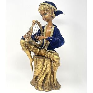 Vintage Mid Century 16” Pixie Elf Fairy Faerie Figure ARP Harp Gold Blue Velvet